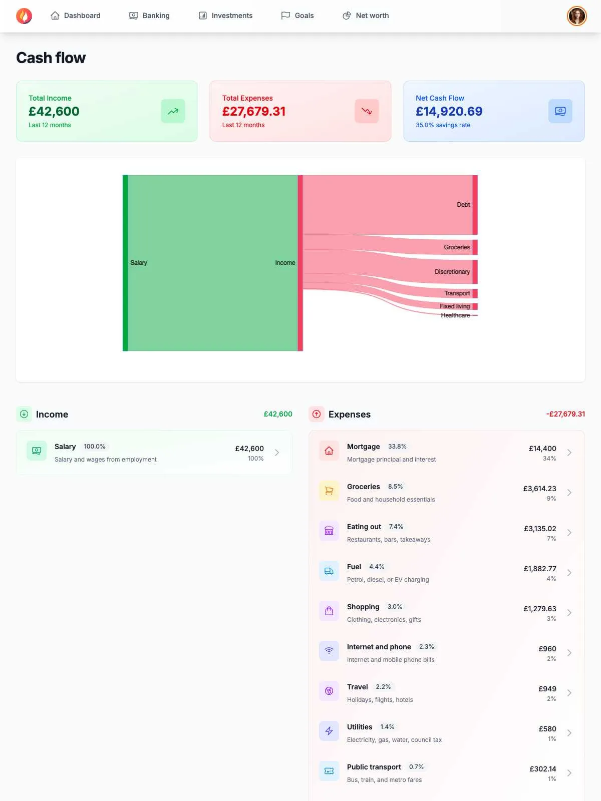 Cash flow analysis showing income vs expenses with detailed category breakdown